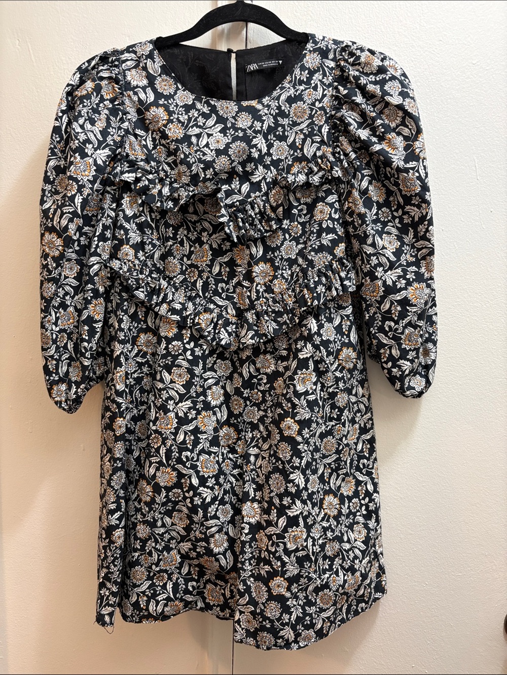 Zara Black White Printed Floral Ruffle Mini Dress Size XS